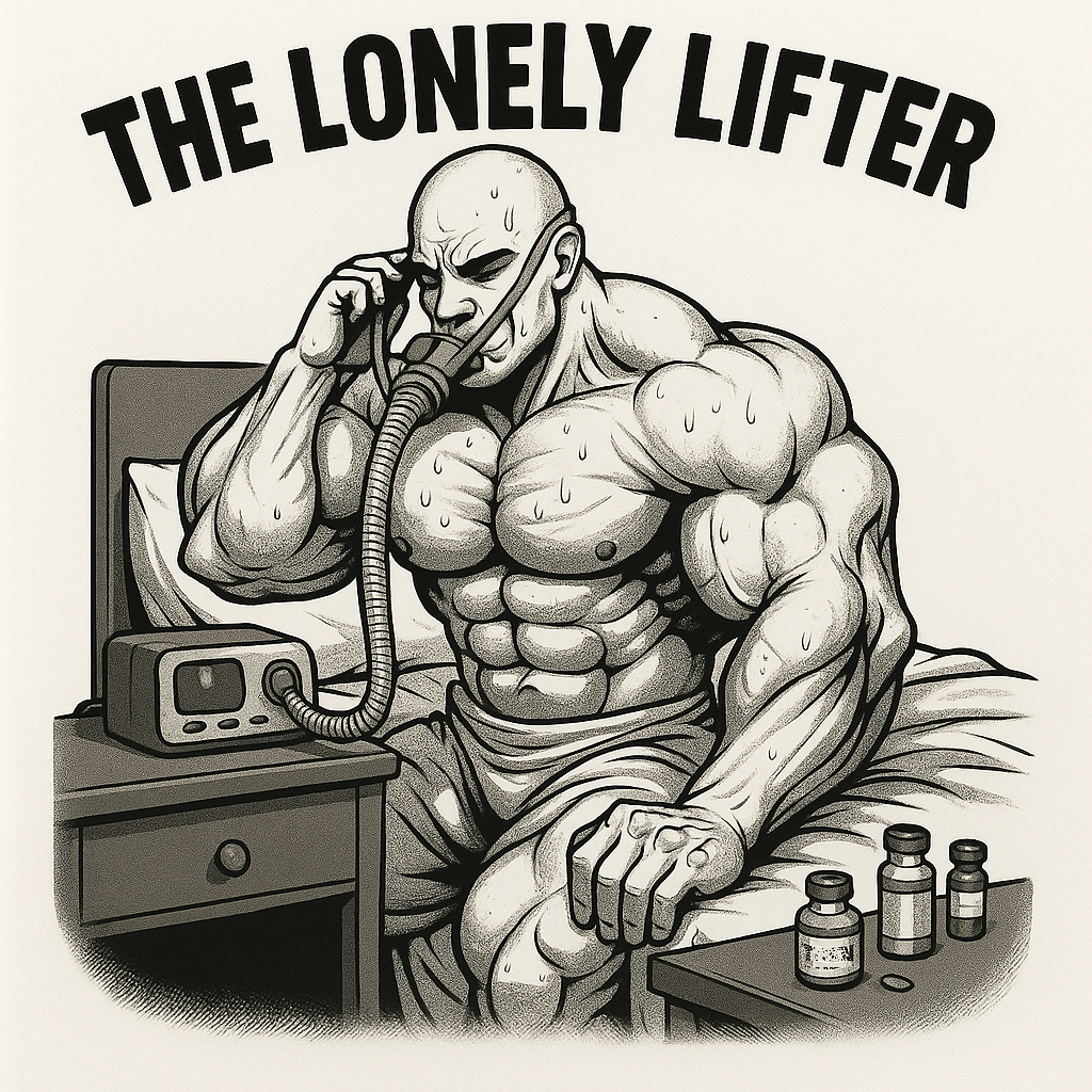 Illustration of a lifter sitting on a bed with a CPAP mask, a reminder that the strongest people struggle too